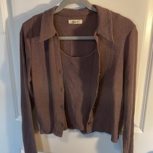 Madewell brushed rib tank crop top + brushed rib polo crop cardigan set size M